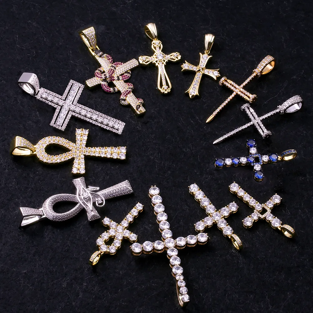 Bling CZ Iced Out Zircon Cross Necklace Pendants Charms Jewelry Stainless Steel Gold Crystal Diamond Mens Cross Pendants