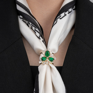 Muyu Floral Silk Scarf Buckle Gold Green Crystal Brooch Women's Fashion Accessory - Product Image 4
