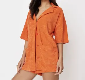 Women Orange Towelling Oversized Shirt and Runner Shorts Matching Co-ord Suits