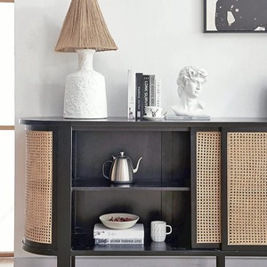 Black solid wood <b>sideboard</b> for dining, vintage style, suitable for home use, French style, rattan woven wood, tea cabinet, - Product Image 5
