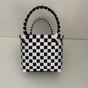 Women's Purse Pp Strap Hand Shaped Weaving Shopping Beach Bag Handbag Gift Tote Bag Market Basket Portable Handbag