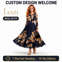 Robe midi trapèze à imprimé floral numérique coréen Printemps, marque privée, OEM/ODM, taille ajustée, jupe à ourlet circulaire, fermeture éclair invisible au dos