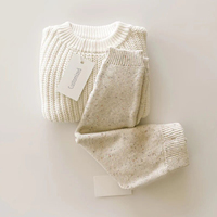 Set Sweater Bayi Katun Berwarna dengan Logo Custom, Celana Rajut Tebal Bergaris, Pakaian Musim Dingin, Rajutan Anak Lengan Panjang