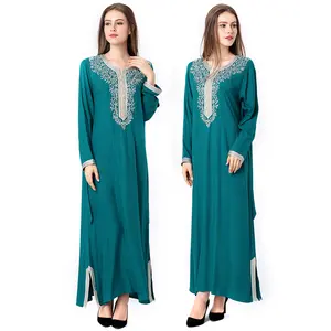 Luxury Women Ramadan Embroidery Elastic Wear Long Sleeves Islamic V neck Clothing Jilbab Prayer abaya muslim party dress
