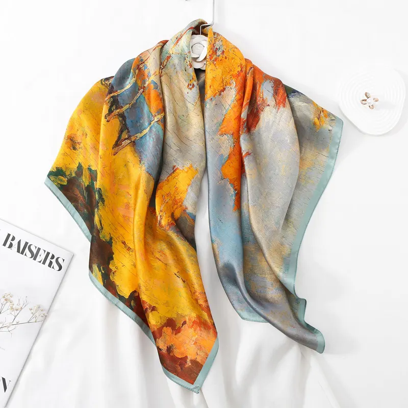 wholesale high quality fancy big 90cm women shawl real silk scarf printing style dye ink painting China silk scarf