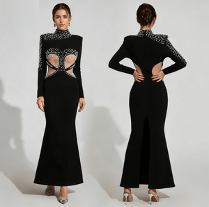 エレガントで豪華な女性用パールホローデイ高級ロングスリーブマーメイドプロムマキシ丈ソリッドパターンナチュラルウエストライン織り - Product Image 2