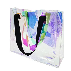 Bolsa de mano grande de pvc transparente holográfica, colores del Arcoíris, para trabajo, escuela, viaje, deportes, festival de compras