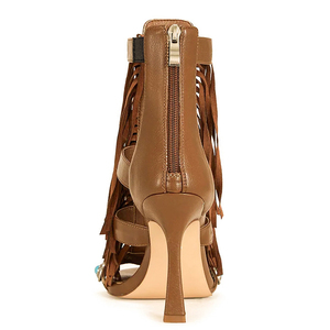 Women's Retro Front Emerald Tassels Sandals <b>Back</b> Zipper Cut Out <b>Shoes</b> High Heels Roman Styles Summer <b>Open</b> Toe Pumps - Product Image 5