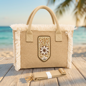 Custom Luxury Handwoven Straw Vintage Bohemian Fashion Tote Bag Cowrie Shell Beaded Patch Raffia Beach Zipper Closure Crossbody - Product Image 5