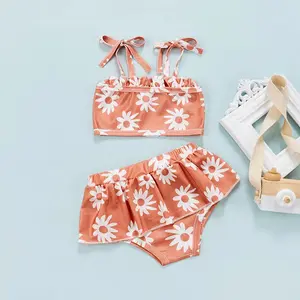 Maiô infantil de duas peças com estampa personalizada, roupa de banho infantil de duas peças para meninas e meninas, estilingue de girassol de verão