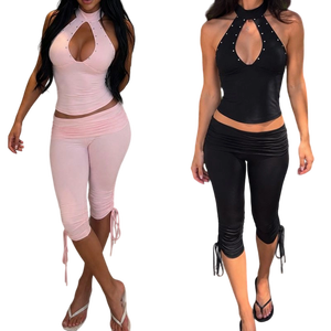 Women's Solid Color Club Two Piece <b>Set</b> Cutout Backless Studded Crop Top + Drawstring Low Waist Midi Shorts Summer Nightclub - Product Image 1