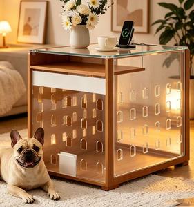 Meuble de transport moderne pour chien avec station de charge, niche intérieure de taille moyenne avec porte acrylique escamotable - Product Image 1