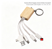 Gantungan kunci kabel pengisi daya Multi, Gantungan Kunci USB c dua tarikan, tiga kabel Data bambu Tipe C untuk ponsel