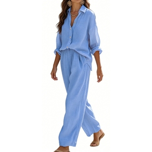 Women's Coral Shirt & Wide-Leg <b>Pants</b> 2 Piece Set - Casual Summer Outfit Breathable Coord Fashion - Product Image 5