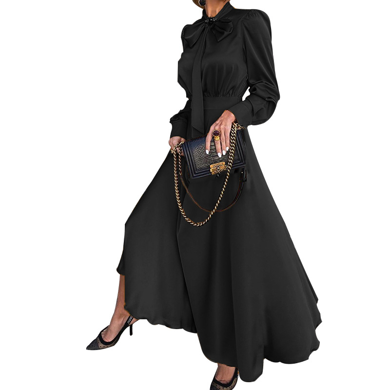 Plus Size Women Fashion Satin Maxi Dress Long Sleeve Skinny Comfortable Casual Loose Bow Neck Slim Fit High Waist Maxi Dress