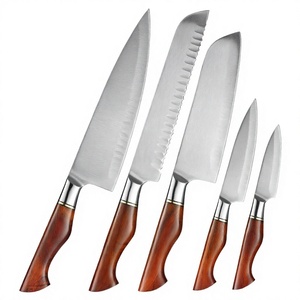 Ensemble de 5 couteaux de cuisine en acier Damas, couteaux de chef en acier poudré, couverts pour la cuisine à domicile, manche en bois, étui en cuir, couteaux de chasse - Product Image 4