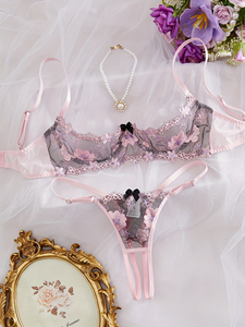 Ensemble de lingerie sexy pour femmes, maille brodée florale, doux et énergique, avec soutien-gorge à armatures - Product Image 1