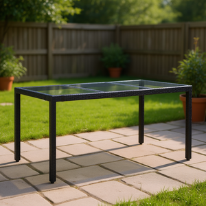 <b>Black</b> Poly Rattan Outdoor Table With Tempered Glass Top Powder Coated Steel <b>Frame</b> Garden Furniture Contemporary Design - Product Image 2