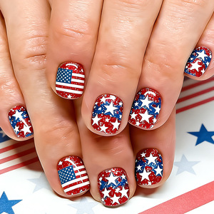 Faux ongles carrés prédécoupés à pression, style européen, <span class=keywords><strong>rouge</strong></span> et bleu, à paillettes, motif étoiles et rayures, pour la Fête de l'Indépendance, 24 pièces par paquet - Product Image 1