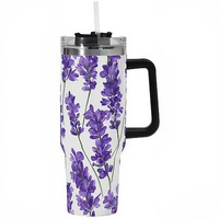 Tumbler Bunga Lavender 40oz Kustom, Dapat Digunakan Kembali, Baja Tahan Karat 304, Dinding Ganda, Vakum Terisolasi, Anti Bocor, Mug Kopi Perjalanan, Untuk Minuman Dingin