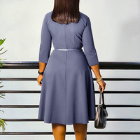 Nouvelle Robe de Bureau Évasée Mode Femme, Col Revers Ceinturé, Couleur Unie, Robe de Carrière Formelle d'Été pour Femmes Africaines