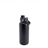 Bouteille d'eau isotherme en acier inoxydable noir avec poignée de transport et couvercle à paille, gourde isotherme anti-fuite à double paroi pour le sport