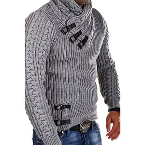 Men's Knitted Pullover Long-sleeved slim fit shirt Basic sweater with shawl collar and faux leather