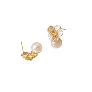 Camellia Pearl Stud <b>Earrings</b> Gold Flower Design 14k Gold <b>Post</b> EDB-059 - Product Image 4