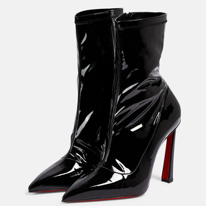 Back Metal Rivets <b>Ankle</b> <b>Booties</b> Sexy Women's Bright Patent Pointed Toe Short Boots High Heels Side Zipper Shoes - Product Image 4