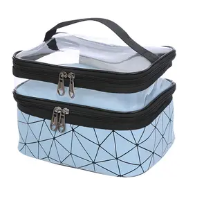 Bolsa de maquiagem transparente personalizada para viagem profissional, bolsa de maquiagem transparente resistente à água e dupla camada