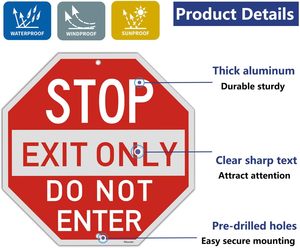 ทางออกเท่านั้นอย่าเข้าไปในป้ายหยุดอลูมิเนียมสะท้อนแสง12 * 12in รูปแปดเหลี่ยมป้ายถนนรูปพิเศษป้ายจราจร - Product Image 3