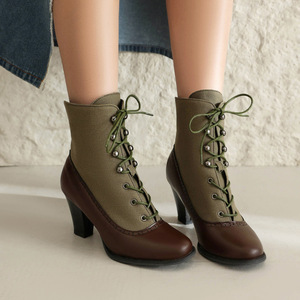 Botines de Mujer con Cordones, Punta Redonda, Tacón Cuadrado, de Cuero Genuino, Color Marrón Sólido, Transpirables, Altura Media, para Otoño - Product Image 4