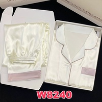 Ensemble de pyjama en satin lisse pour femmes, chemise à manches longues + pantalon large, ensemble deux pièces, printemps automne, pyjama décontracté imprimé pour femmes
