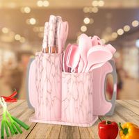 Nouvel ensemble d'ustensiles de cuisine 25 pièces en silicone et acier inoxydable avec revêtement marbré, comprenant un ensemble de couteaux et une planche à découper