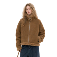 Blouson Bomber en Laine et Peau de Mouton Synthétique pour Femme, Coupe Slim, Chaud, Hiver, Marron, Personnalisable OEM ODM