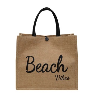 Custom Logo Beach Tote Bag Jute Hand Tote Bag Reusable Shopping Tote Bag with Black Handles