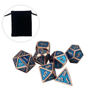 Ready to ship luxury polyhedral metal dnd dice set 7pcs light blue with black fabric bag casino grade for playing games