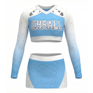 Uniforme de cheerleading pour filles, bleu clair et blanc, avec strass, haut court à manches longues, tenue de cheerleading de l'équipe Clements - Product Image 3