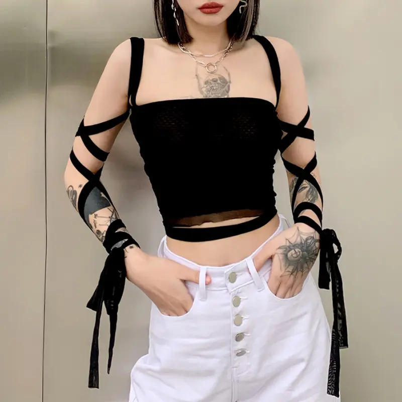 2022 Black Mesh Lace Up Bandage Crop Top Fairy Grunge Aesthetic Clothes Cyber Y2k Mall Goth Tanks Sexy Halter Tops