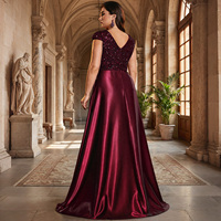 Robe de soirée formelle longue IMPEREAL grande taille bordeaux à col en V, manches courtes à sequins, en satin, coupe trapèze, pour bal de promo et mariage