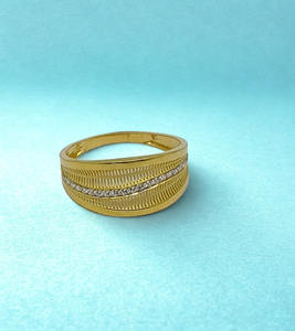 Elegant Yellow Gold Textured <b>Ribbon</b> Band Ring with Center Diamond Pave Row Sophisticated <b>Wide</b> Gold Jewelry for Women - Product Image 1