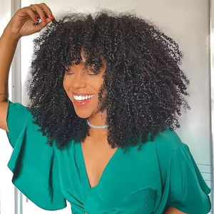 Abordable haute densité <span class=keywords><strong>Afro</strong></span> crépus bouclés <span class=keywords><strong>perruque</strong></span> avec frange Non dentelle couleur naturelle vierge perruques de cheveux humains en gros court Bob perruques - Product Image 4