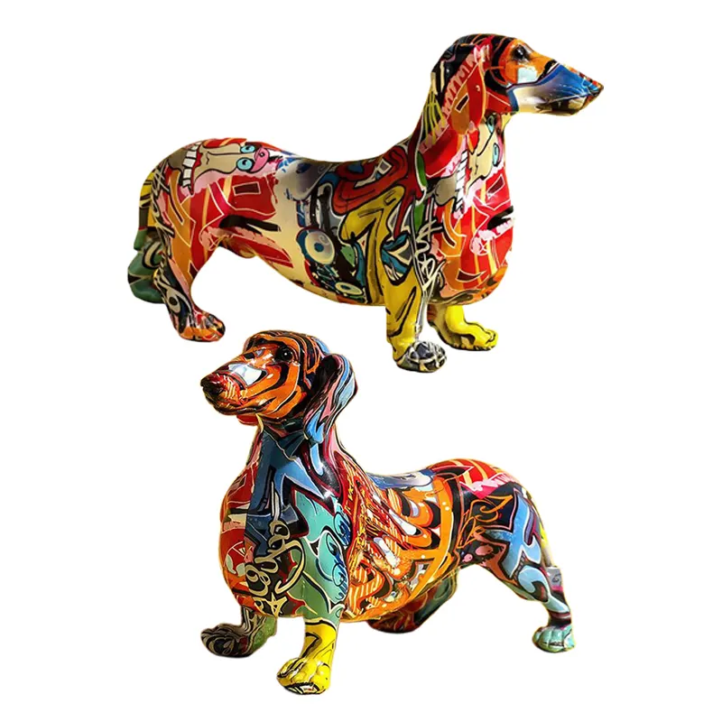 Groothandel Handgemaakte Kunst Home Decor Hars Kleurrijke Dier Sculptuur Leuke Hond Graffiti Beeldje Teckel Hond