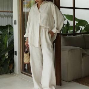 สินค้ามาใหม่ เสื้อผ้าลินินคุณภาพสูงพร้อมโลโก้สั่งทำ เสื้อเชิ้ตลินินทรงหลวมติดกระดุม กางเกงขายาวทรงตรงเอวสูงผ้าลินิน ชุดเซ็ตผ้าลินิน - Product Image 2