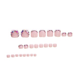 Kit d'ongles à presser pour les pieds, Faux ongles artificiels roses français colorés avec diamants, Prêts à poser, Produits de beauté - Product Image 5