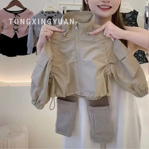 Child Star Won Korean Girls' Khaki Jacket Leggings Set Solid Color Cotton Soft Shell Spring Autumn Outfit - Product Image 3