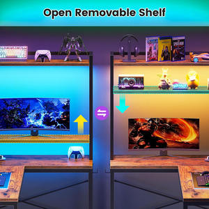 <span class=keywords><strong>Bureau</strong></span> de jeu en forme de L pour la maison et le <span class=keywords><strong>bureau</strong></span> Lumières LED Prise de courant Étagères de rangement Crochets Marron rustique pour les petits espaces - Product Image 5