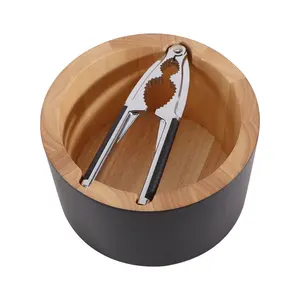 Black Paint Rubber Wood Straight Side Serving Bowl with Nutcracker for Fruits Large 6.7" Diameter x 4" Height