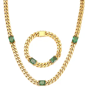 2024 Stock Sale Stainless Steel Cuban link 18K Gold Plated Chain Green Stone Cuban Chain Men Women Necklace