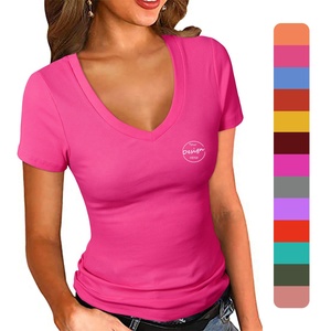 T-shirts à manches courtes col en V et en coton et polyester à manches courtes design personnalisé sérigraphie Slim Fit de haute qualité unie - Product Image 1